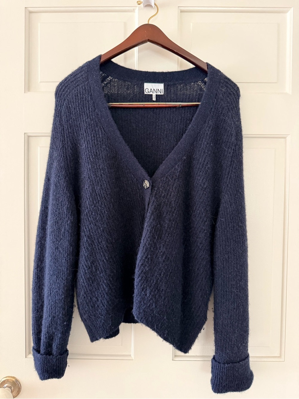 Ganni Navy Textured V-Neck Knit Cardigan - L